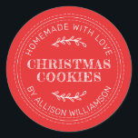 Rustic Homemade Christmas Cookies Red Classic Round Sticker<br><div class="desc">Rustic and modern homemade baked goods sticker with the text homemade with love, christmas cookies and your name in modern typography on a bright red background. Simply add your name and the product name to the label. Exclusively designed for you by Happy Dolphin Studio. If you need any help or...</div>