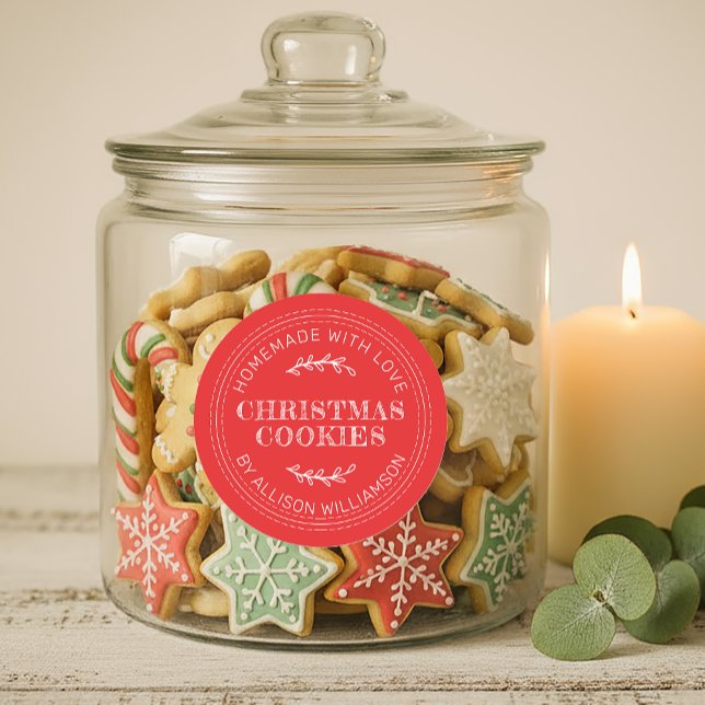 Rustic Homemade Christmas Cookies Red Classic Round Sticker (Creator Uploaded)