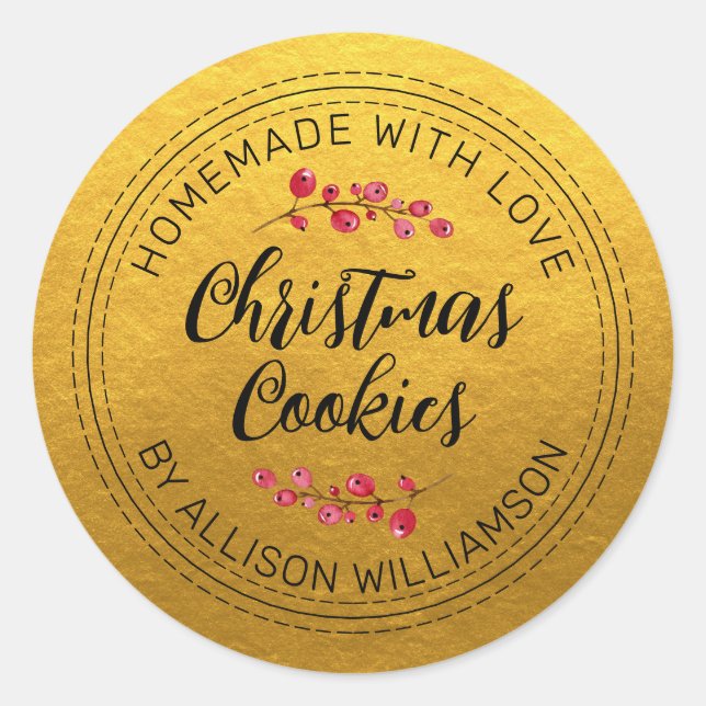 Rustic Homemade Christmas Cranberry Cookies Gold Classic Round Sticker (Front)