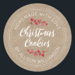 Rustic Homemade Christmas Cranberry Cookies Kraft  Classic Round Sticker<br><div class="desc">Rustic and modern homemade baked goods sticker with the text homemade with love, christmas cookies and your name in handwritten script calligraphy and modern typography on a kraft paper background with a stylish touch of cranberries sprigs. Simply add your name and the product name to the label. Exclusively designed for...</div>