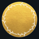 Rustic Homemade Classic Gold Write On Blank Classic Round Sticker<br><div class="desc">Rustic, simple and modern write on homemade sticker with a lovely white foliage wreath on a classic gold background. Simply write your name and the product name on the blank label. Exclusively designed for you by Happy Dolphin Studio. If you need any help or matching products, please contact us at...</div>