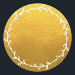 Rustic Homemade Classic Gold Write On Blank Classic Round Sticker<br><div class="desc">Rustic, simple and modern write on homemade sticker with a lovely white foliage wreath on a classic gold background. Simply write your name and the product name on the blank label. Exclusively designed for you by Happy Dolphin Studio. If you need any help or matching products, please contact us at...</div>