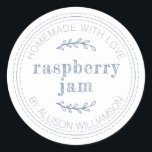 Rustic Homemade Jam Can Vintage Blue Jar Classic Round Sticker<br><div class="desc">Rustic and modern homemade jam canning sticker or mason jar label with the text homemade, made with love and your name in vintage blue modern typography on a white background. Simply add your name and the product name to the label. Exclusively designed for you by Happy Dolphin Studio. If you...</div>