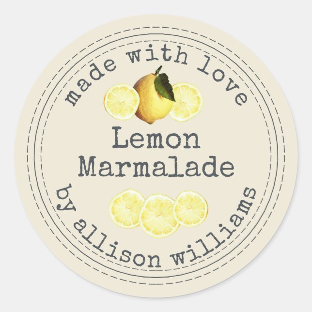 Rustic Homemade Lemon Marmalade Antique White Classic Round Sticker (Front)