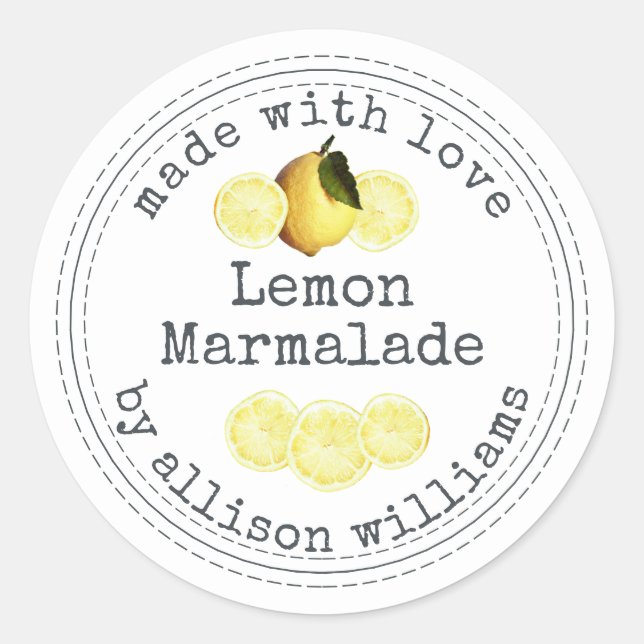Rustic Homemade Lemon Marmalade White Classic Round Sticker (Front)