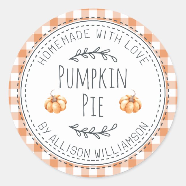 Rustic Homemade Pumpkin Pie Orange Check Classic Round Sticker (Front)