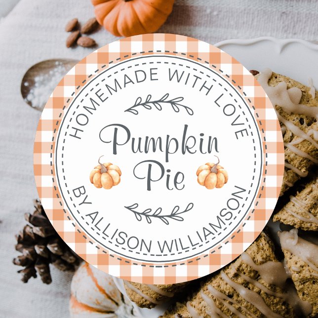 Rustic Homemade Pumpkin Pie Orange Check Classic Round Sticker (Creator Uploaded)