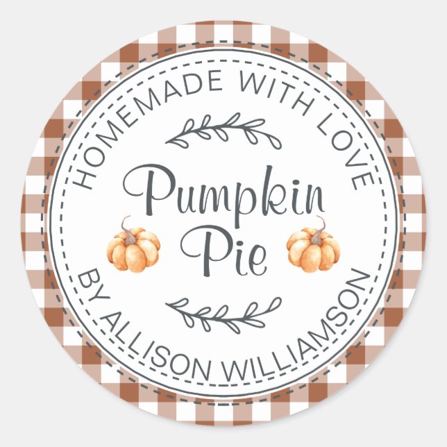 Rustic Homemade Pumpkin Pie TerraCotta Check Classic Round Sticker (Front)