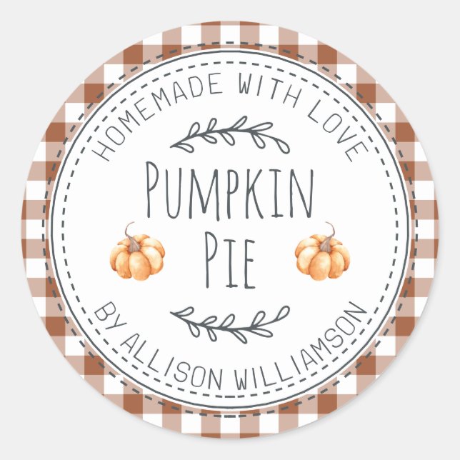 Rustic Homemade Pumpkin Pie TerraCotta Check Classic Round Sticker (Front)