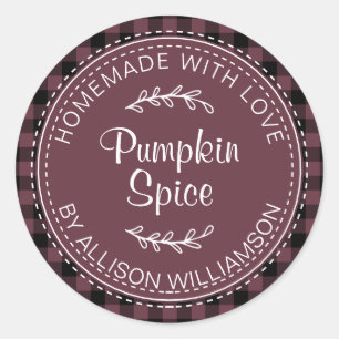 Rustic Homemade Pumpkin Spice Burgundy Check Class Classic Round Sticker