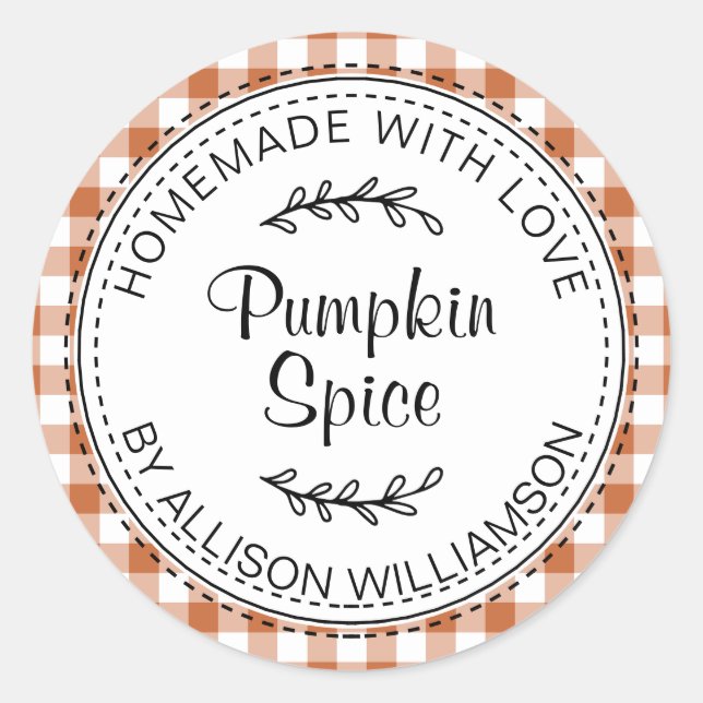 Rustic Homemade Pumpkin Spice Burnt Orange Check Classic Round Sticker (Front)