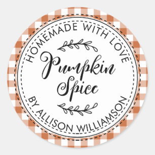 Rustic Homemade Pumpkin Spice Burnt Orange Check Classic Round Sticker