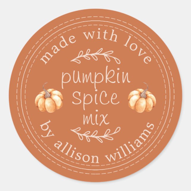 Rustic Homemade Pumpkin Spice Mix Burnt Orange Classic Round Sticker (Front)