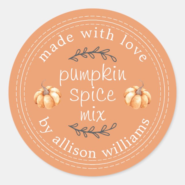 Rustic Homemade Pumpkin Spice Mix Orange Classic Round Sticker (Front)
