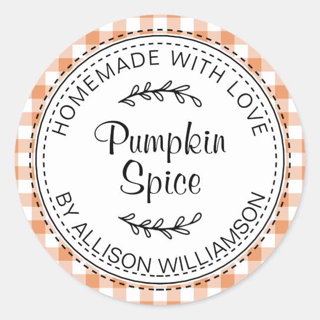 Rustic Homemade Pumpkin Spice Orange Check Classic Round Sticker (Front)