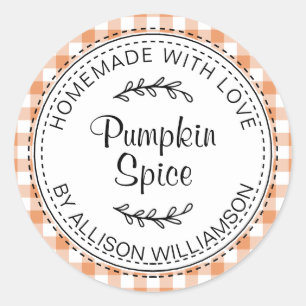 Rustic Homemade Pumpkin Spice Orange Check Classic Round Sticker