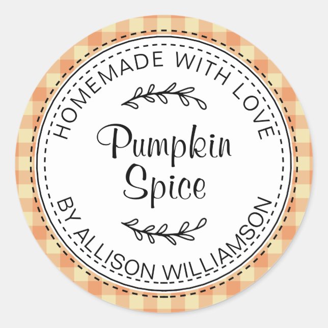 Rustic Homemade Pumpkin Spice Orange Yellow Check Classic Round Sticker (Front)