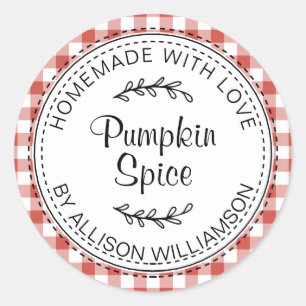 Rustic Homemade Pumpkin Spice Red Check Classic Round Sticker