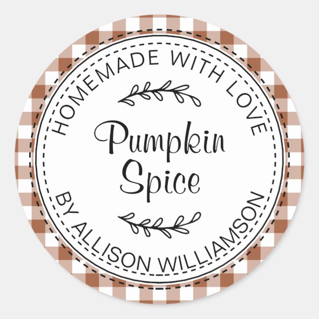 Rustic Homemade Pumpkin Spice TerraCotta Check Classic Round Sticker (Front)