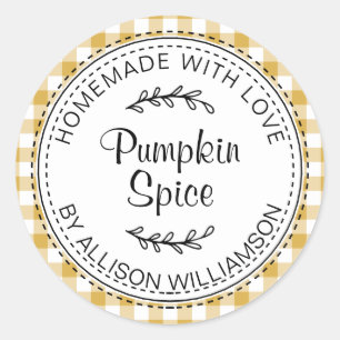 Rustic Homemade Pumpkin Spice Yellow Check Classic Round Sticker