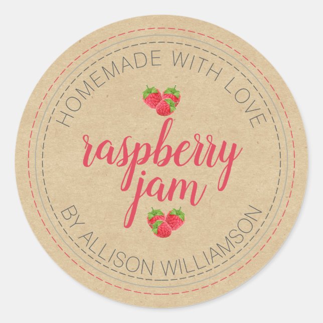 Rustic Homemade Raspberry Jam Can Kraft Paper Jar  Classic Round Sticker (Front)