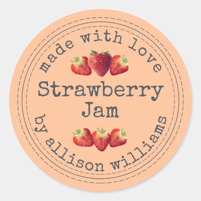 Rustic Homemade Strawberry Jam Peach Orange Classic Round Sticker (Front)