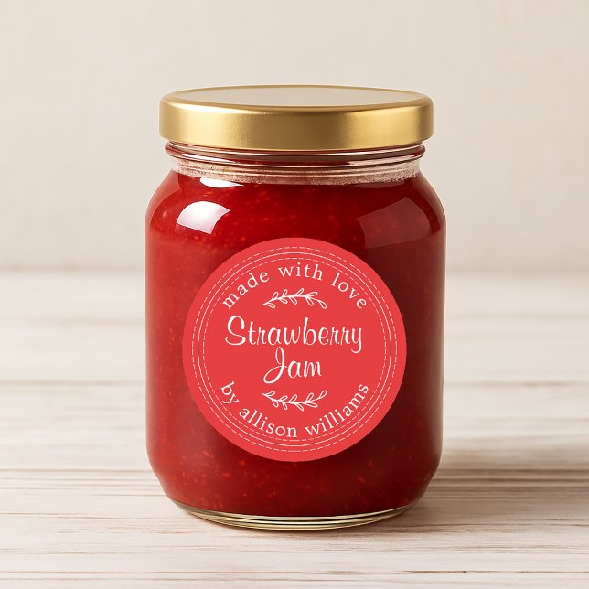 Rustic Homemade Strawberry Jam Red Classic Round Sticker (Creator Uploaded)