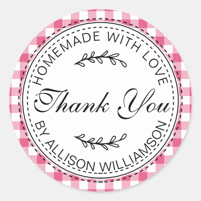 Rustic Homemade Thank You Hot Pink Check Pattern C Classic Round Sticker (Front)