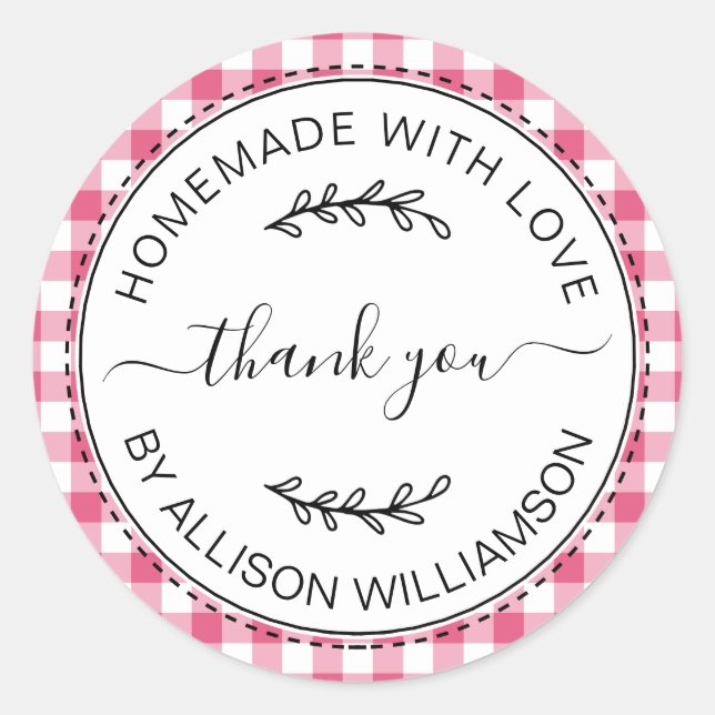 Rustic Homemade Thank You Hot Pink Check Pattern Classic Round Sticker (Front)
