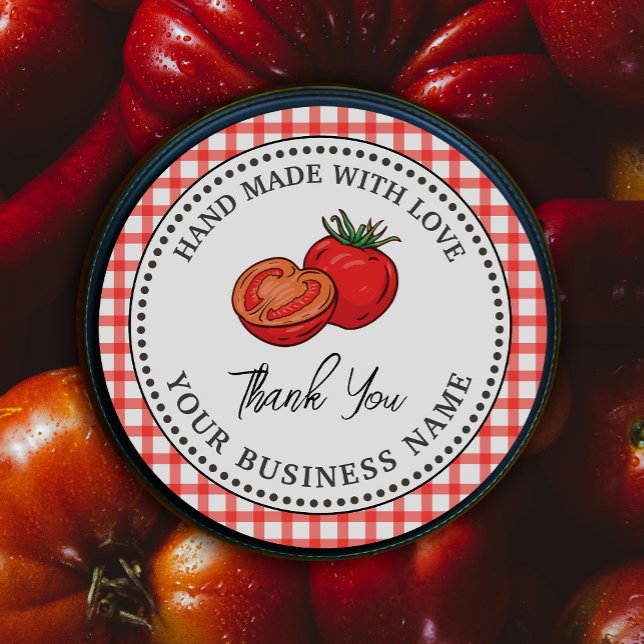 Rustic Homemade Tomato Sauce Red Check  Classic Round Sticker (Rustic Homemade Tomato Sauce Red Check Classic Round Sticker. #tomatoeslabel #thankyou #watercolorto)