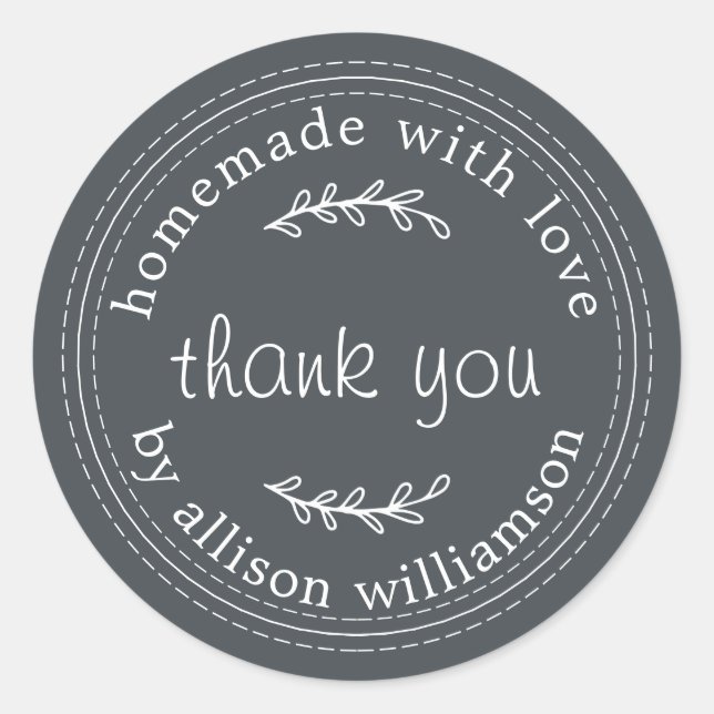 Rustic Homemade With Love Black White Thank You Classic Round Sticker (Front)