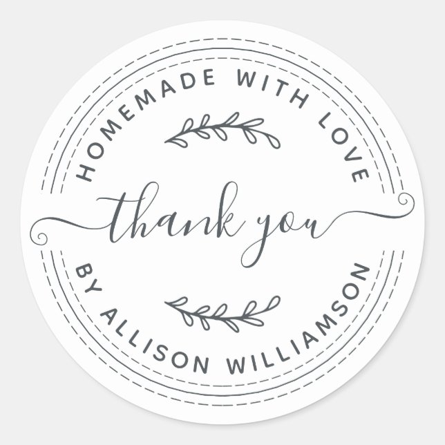 Rustic Homemade With Love Black White Thank You Classic Round Sticker (Front)