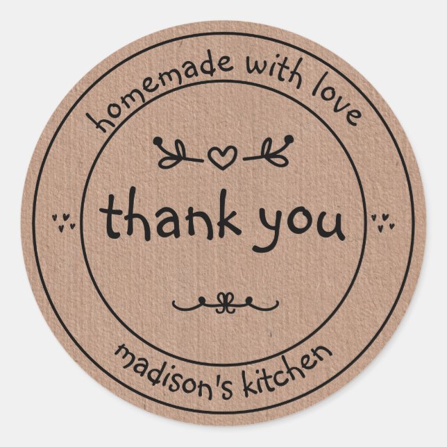 Rustic Homemade with Love Kraft Paper Thank You Classic Round Sticker (Front)