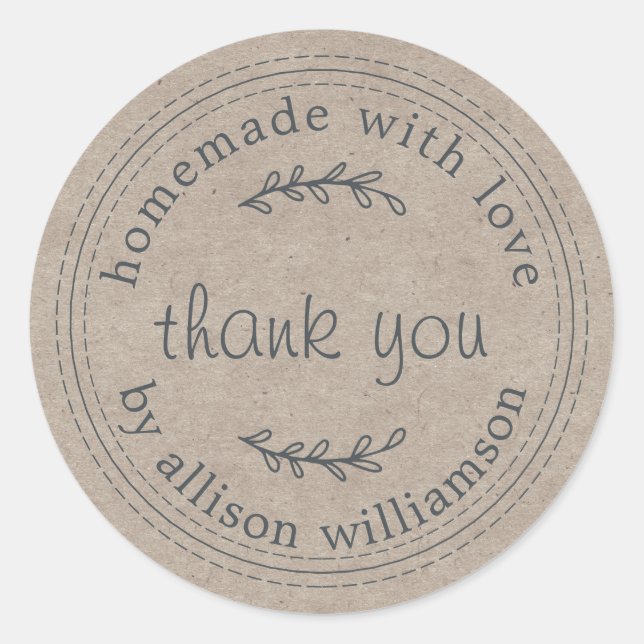 Rustic Homemade With Love Kraft Paper Thank You Classic Round Sticker (Front)