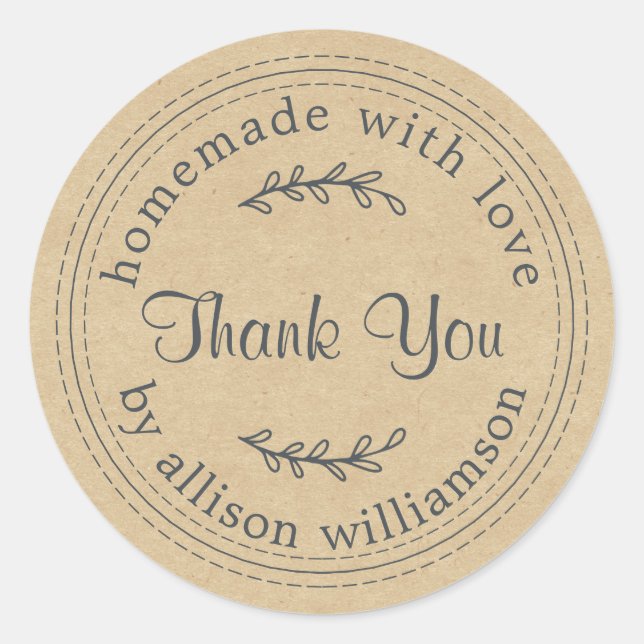 Rustic Homemade With Love Kraft Paper Thank You Classic Round Sticker (Front)