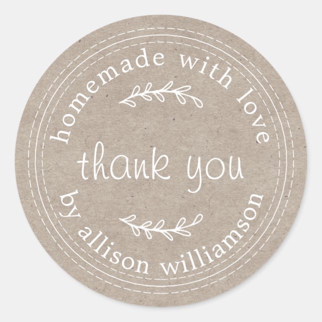 Rustic Homemade With Love Kraft Paper Thank You Classic Round Sticker (Front)