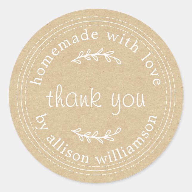 Rustic Homemade With Love Kraft Paper Thank You Classic Round Sticker (Front)