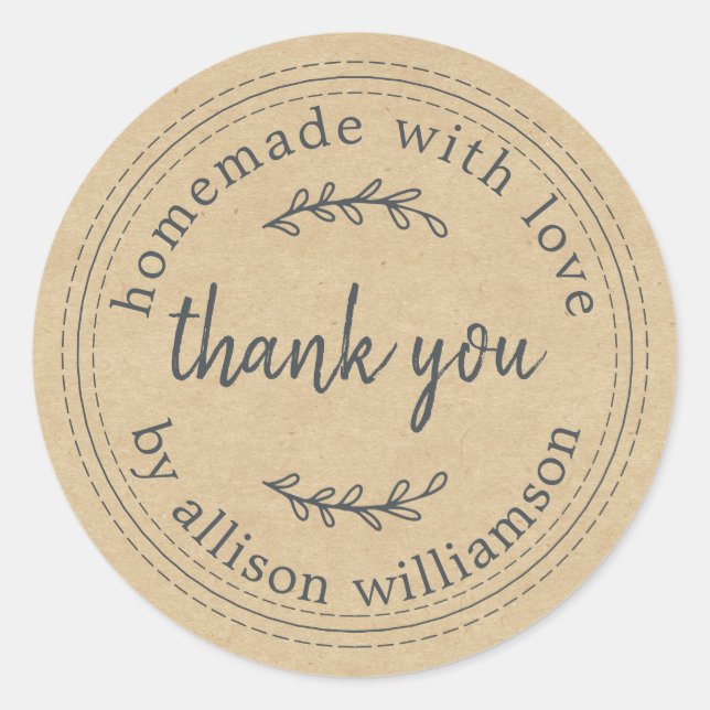 Rustic Homemade With Love Kraft Paper Thank You Classic Round Sticker (Front)