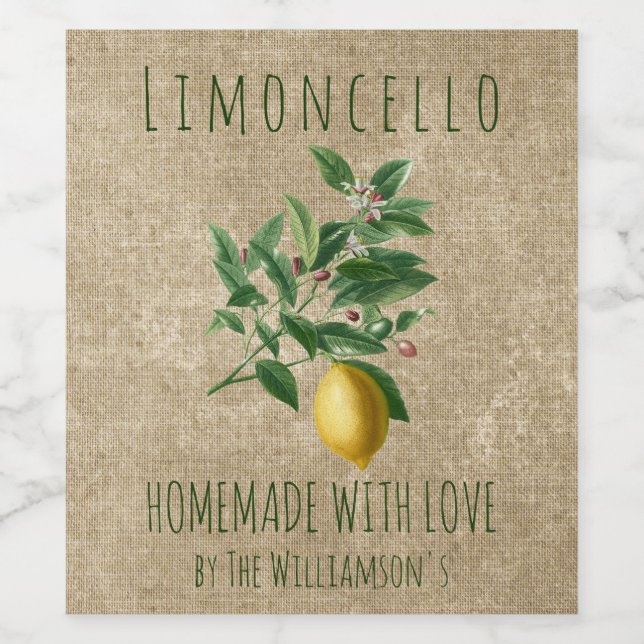 Rustic Homemade with Love Limoncello Wine Label (Single Label)