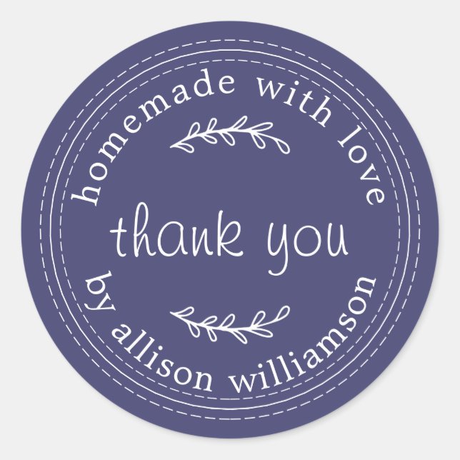 Rustic Homemade With Love Navy Blue Thank You Classic Round Sticker (Front)
