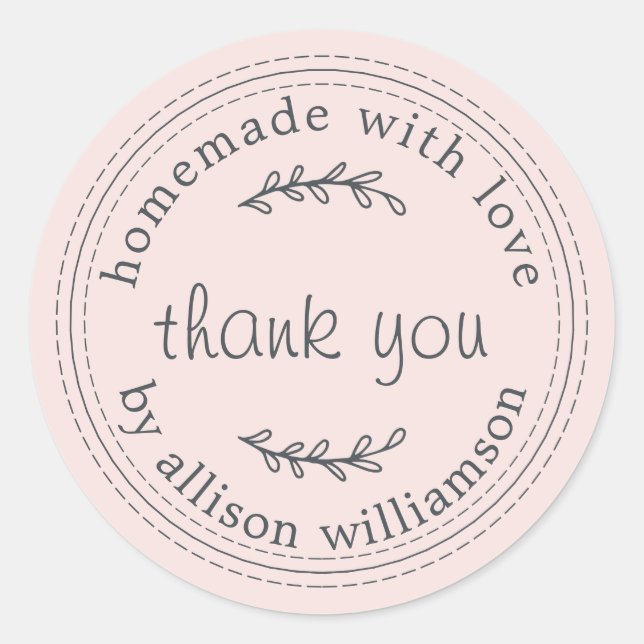 Rustic Homemade With Love Pastel Pink Thank You Classic Round Sticker (Front)