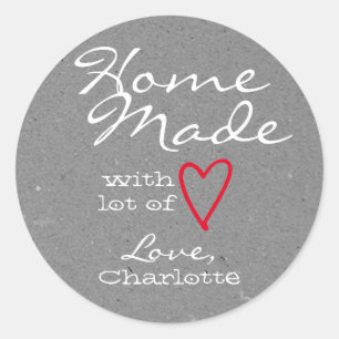 Rustic Homemade with Love Red Heart Grey Paper Classic Round Sticker