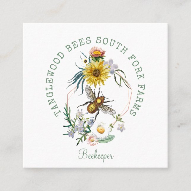 Rustic Honey Bee Apiary Dandelion Floral  Square Business Card (Front)