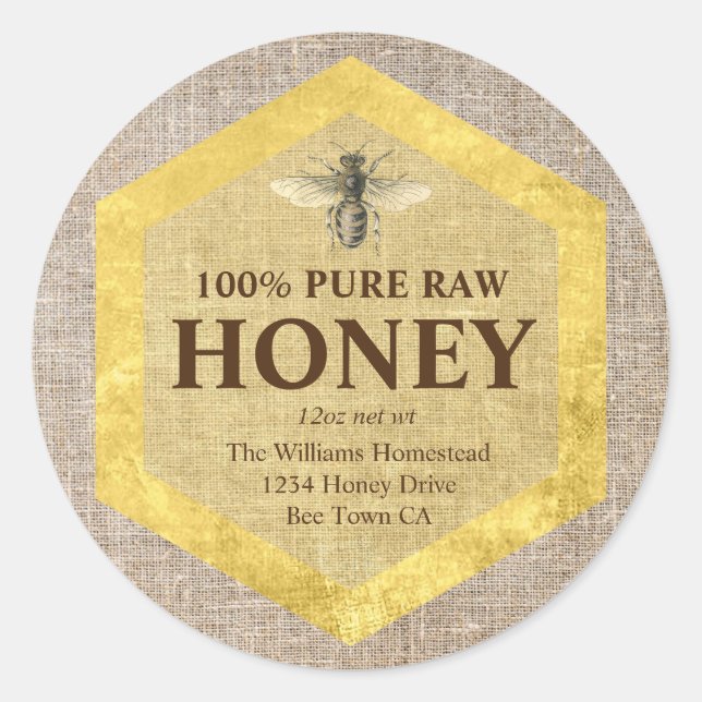 Rustic Honey Jar Label Honey Bee & Apiary Name (Front)