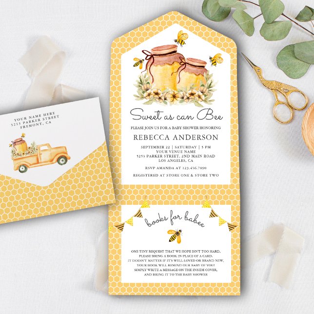 Rustic Honey Jars Sweet as can Bee Baby Shower All In One Invitation (Creator Uploaded)