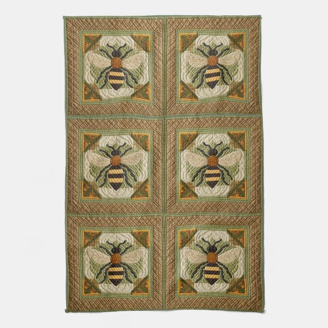 Rustic Honeybee Faux Quilt Two Tea Towel (Vertical)