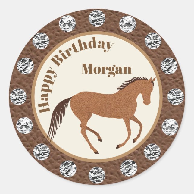 Rustic Horse Faux Leather Birthday And More Fun Classic Round Sticker (Front)