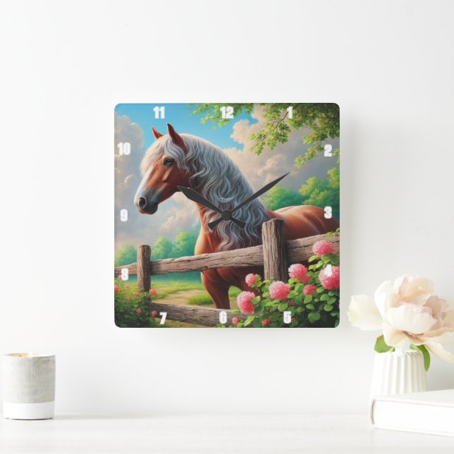 Rustic Horse Meadow Vibrant Countryside  Square Wall Clock (Home)