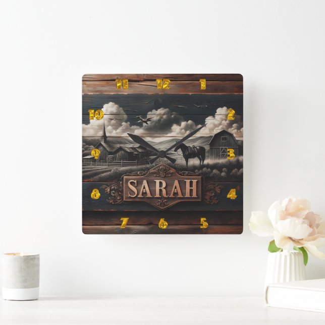 Rustic Horse Portrait Near Farmhouse at Dusk Square Wall Clock (Home)