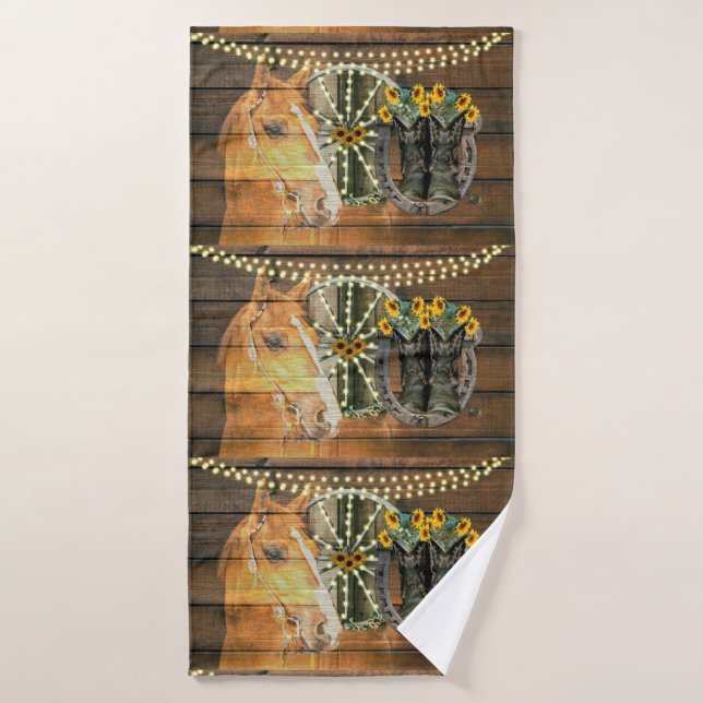 Rustic Horse Sunflowers Wagon Wheel Cowboy Boots Bath Towel (Bath Towel)